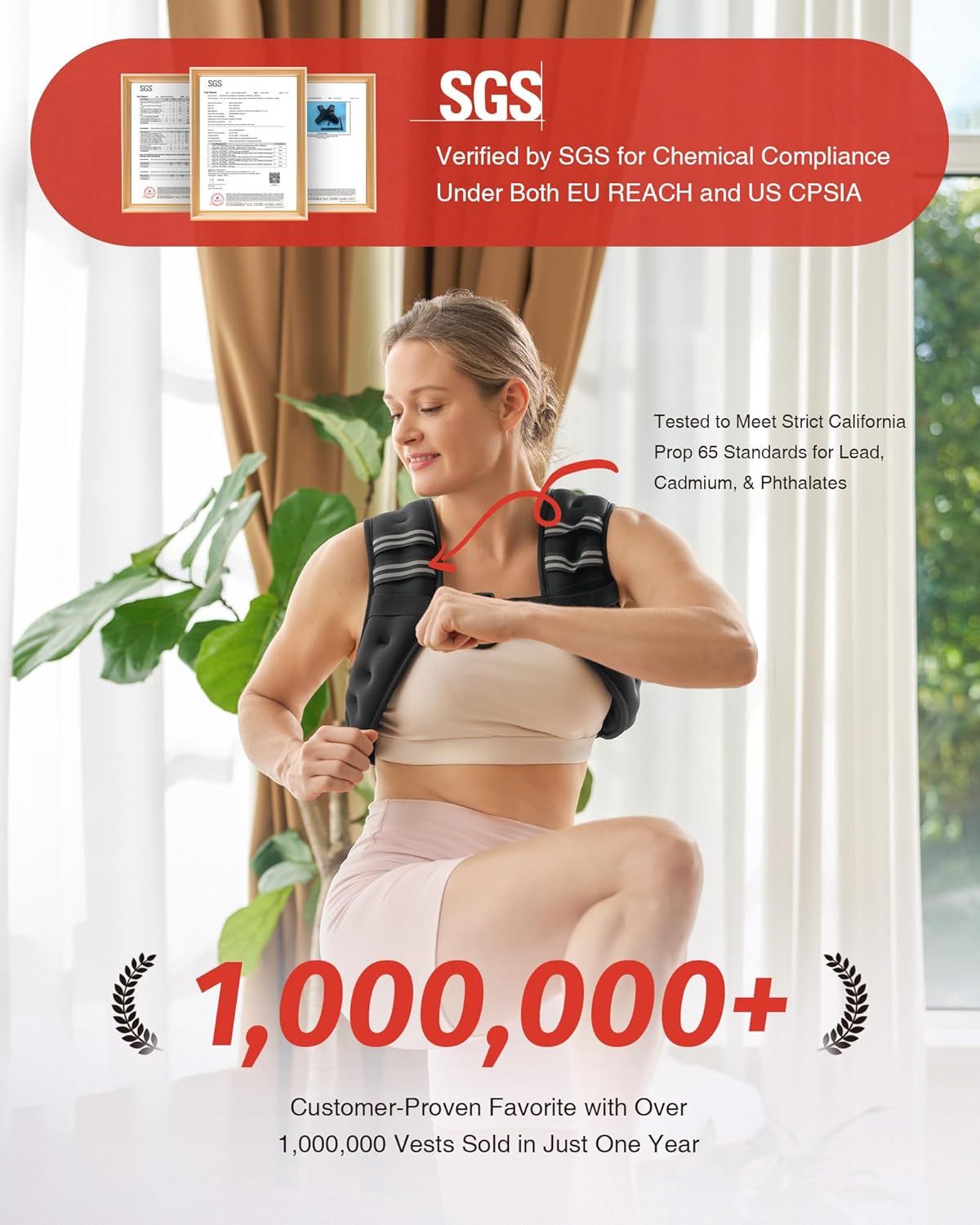Reassures shoppers that the product is safe and free from harmful chemicals by highlighting third-party SGS certification and compliance with major safety standards. Builds trust and social proof by…