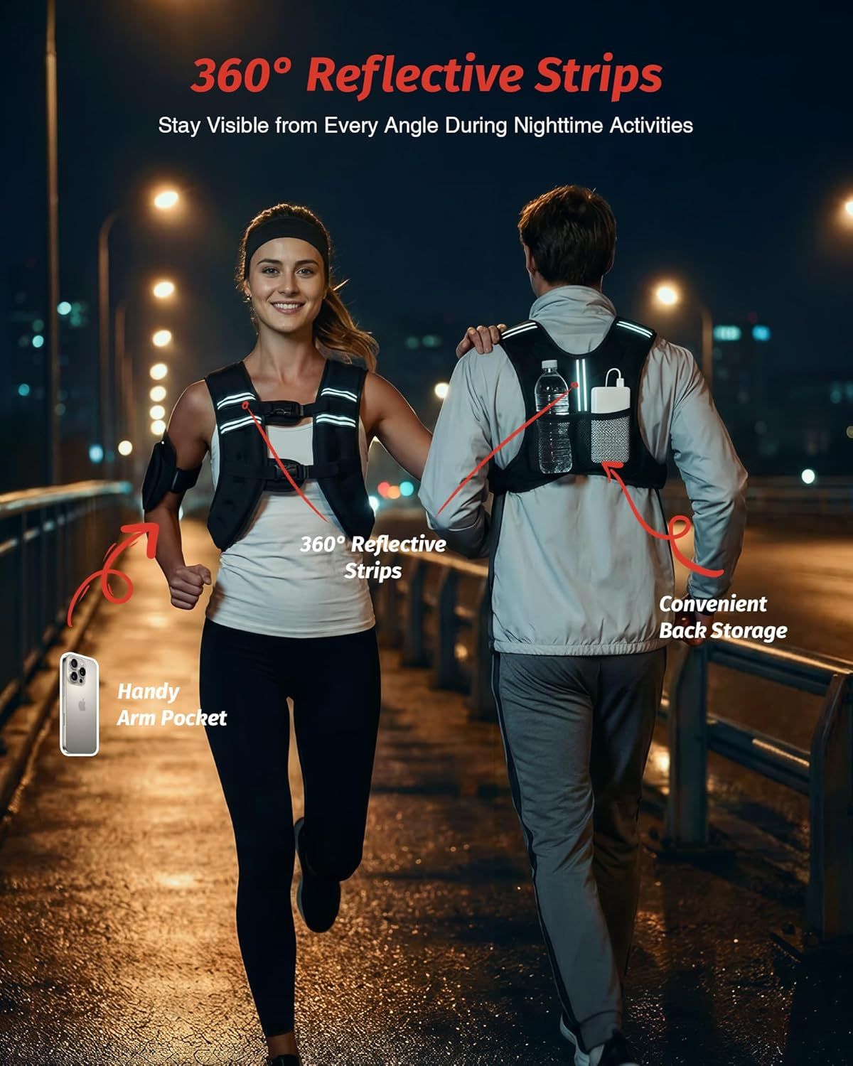 Highlights multiple distinct features of the running vest including safety reflectivity, arm pocket storage, and back storage compartments to demonstrate versatility and functionality for nighttime…