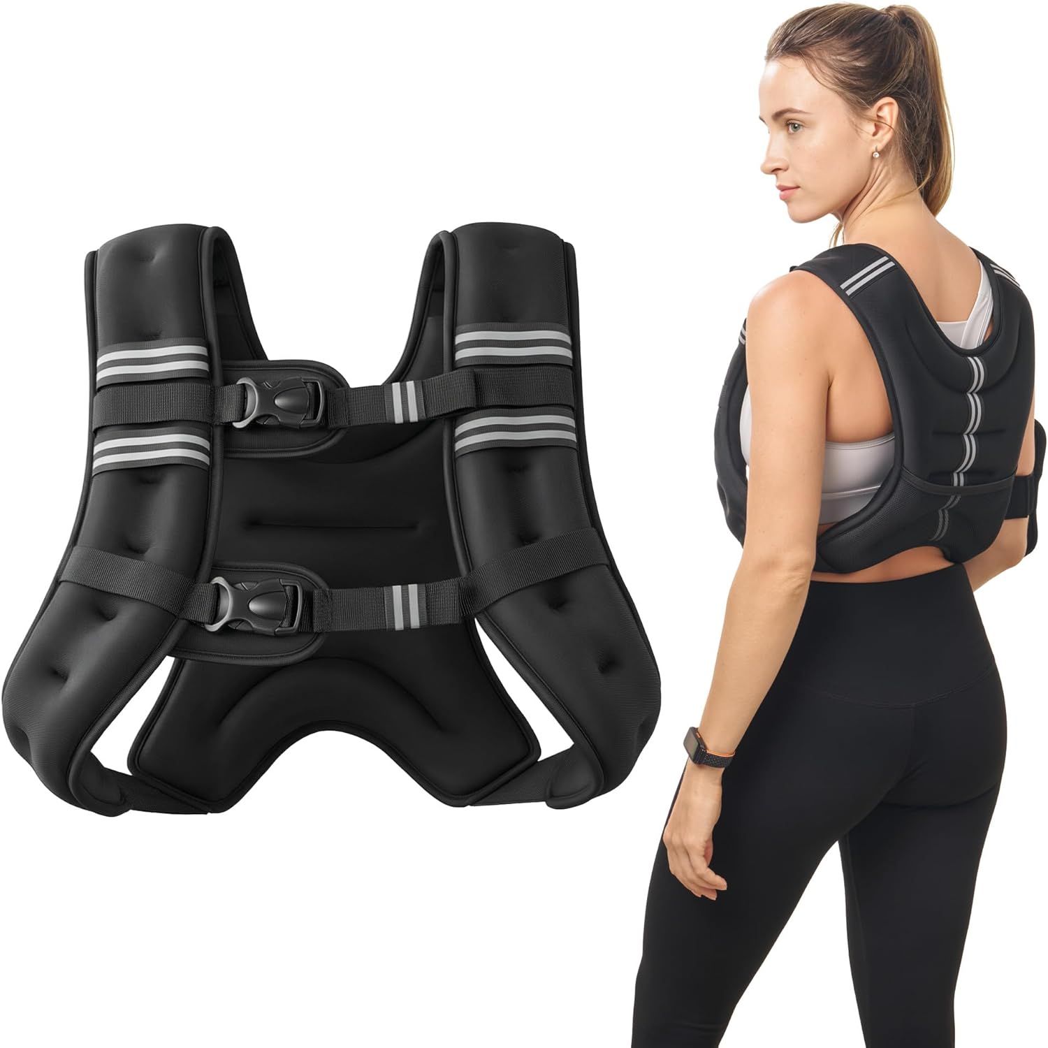 Shows the weighted vest both as a standalone product and worn by a model to help shoppers understand what the product looks like and how it fits when worn.