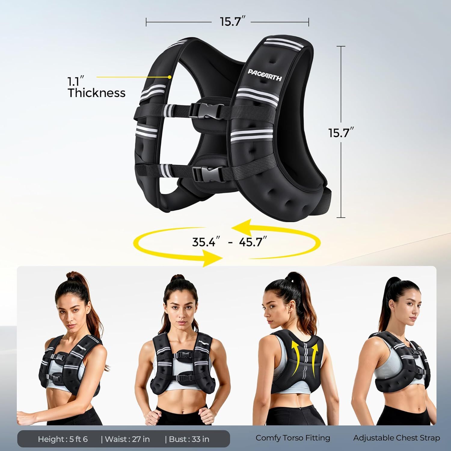 Communicates the exact physical dimensions of the weighted vest (15.7 inches width/height, 1.1 inch thickness) and adjustable chest strap range (35.4-45.7 inches) to help shoppers determine if the…