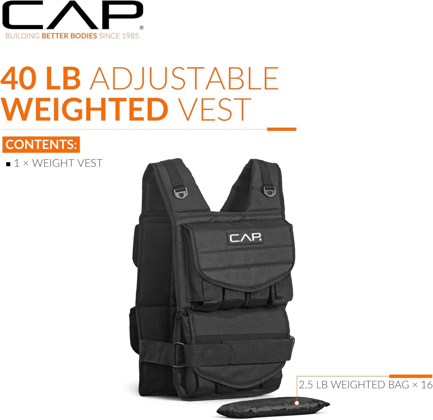 Shows the customer exactly what they will receive in the package: one 40 lb adjustable weighted vest and sixteen 2.5 lb weighted bags, providing clarity on the complete kit contents.