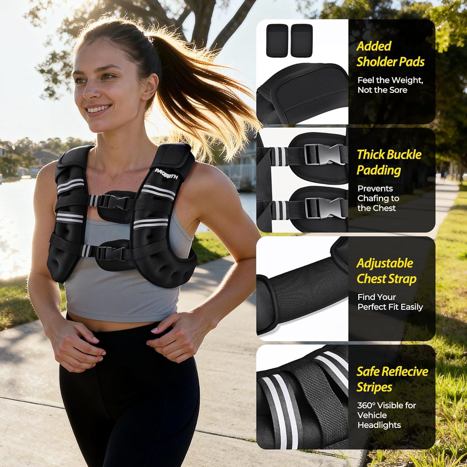 Showcases multiple distinct comfort and safety features of the weighted vest in a segmented layout to demonstrate comprehensive design benefits.