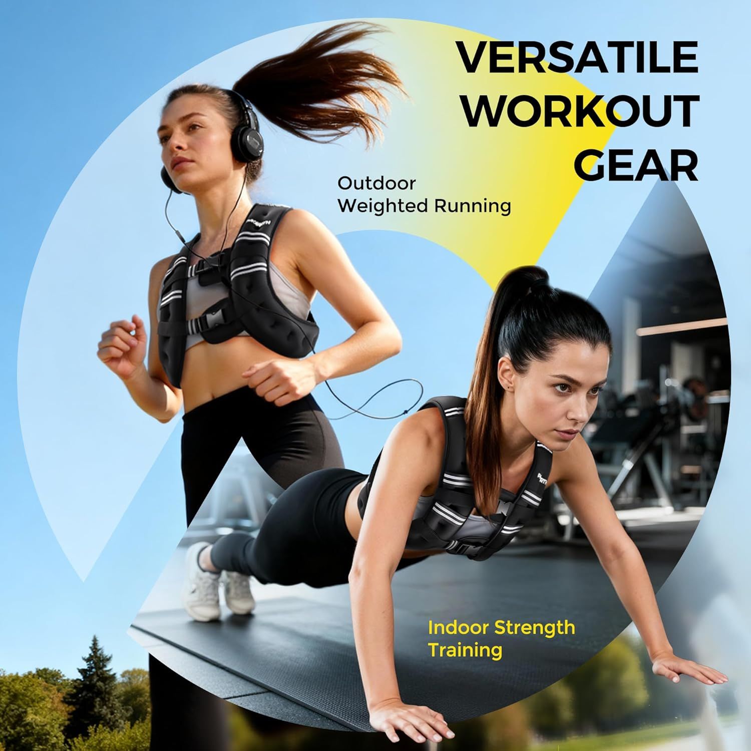 Demonstrates the product's versatility by showing two distinct use cases: outdoor running and indoor gym strength training, reassuring shoppers that this workout gear adapts to multiple fitness…