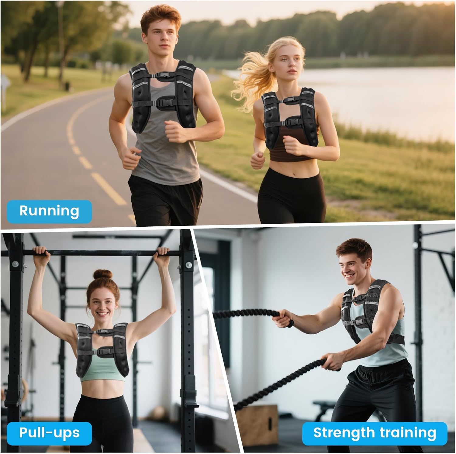 Demonstrates the versatility of the weighted vest by showing it can be used across multiple workout scenarios including outdoor running, gym pull-ups, and strength training exercises.