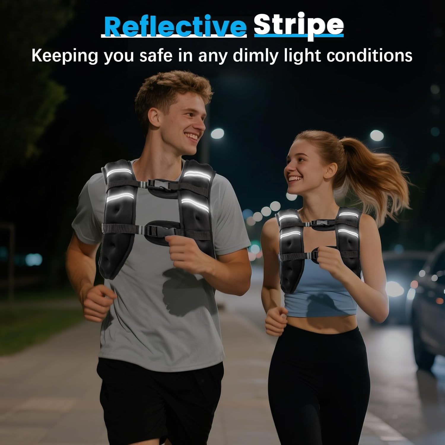 Highlights the reflective stripe feature that keeps users visible and safe during nighttime or low-light activities like running or walking. Communicates the core benefit of enhanced visibility and…