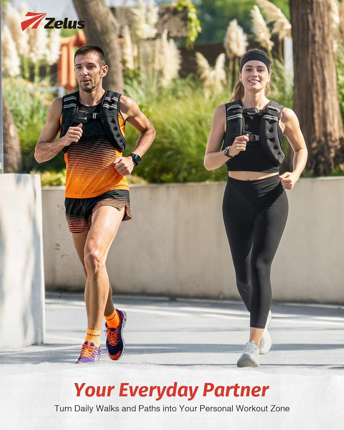 Demonstrates the product (weighted vest) in a real-world running context to show shoppers how it integrates into everyday fitness activities and outdoor workouts.