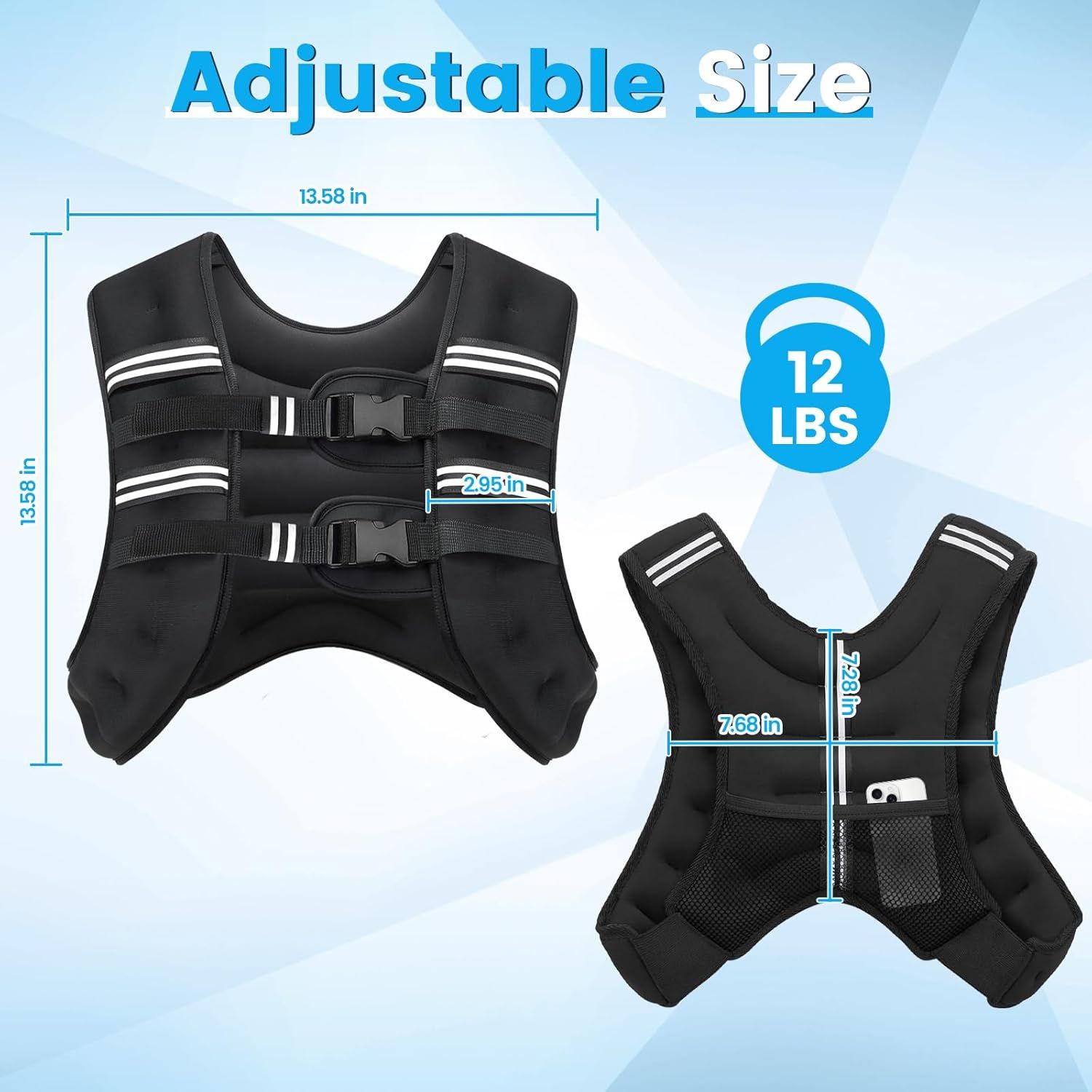 Communicates the physical dimensions of the weighted vest (13.58 x 13.58 inches, 2.95 inches width, etc.) and its adjustable sizing feature to help shoppers understand fit and size compatibility.…