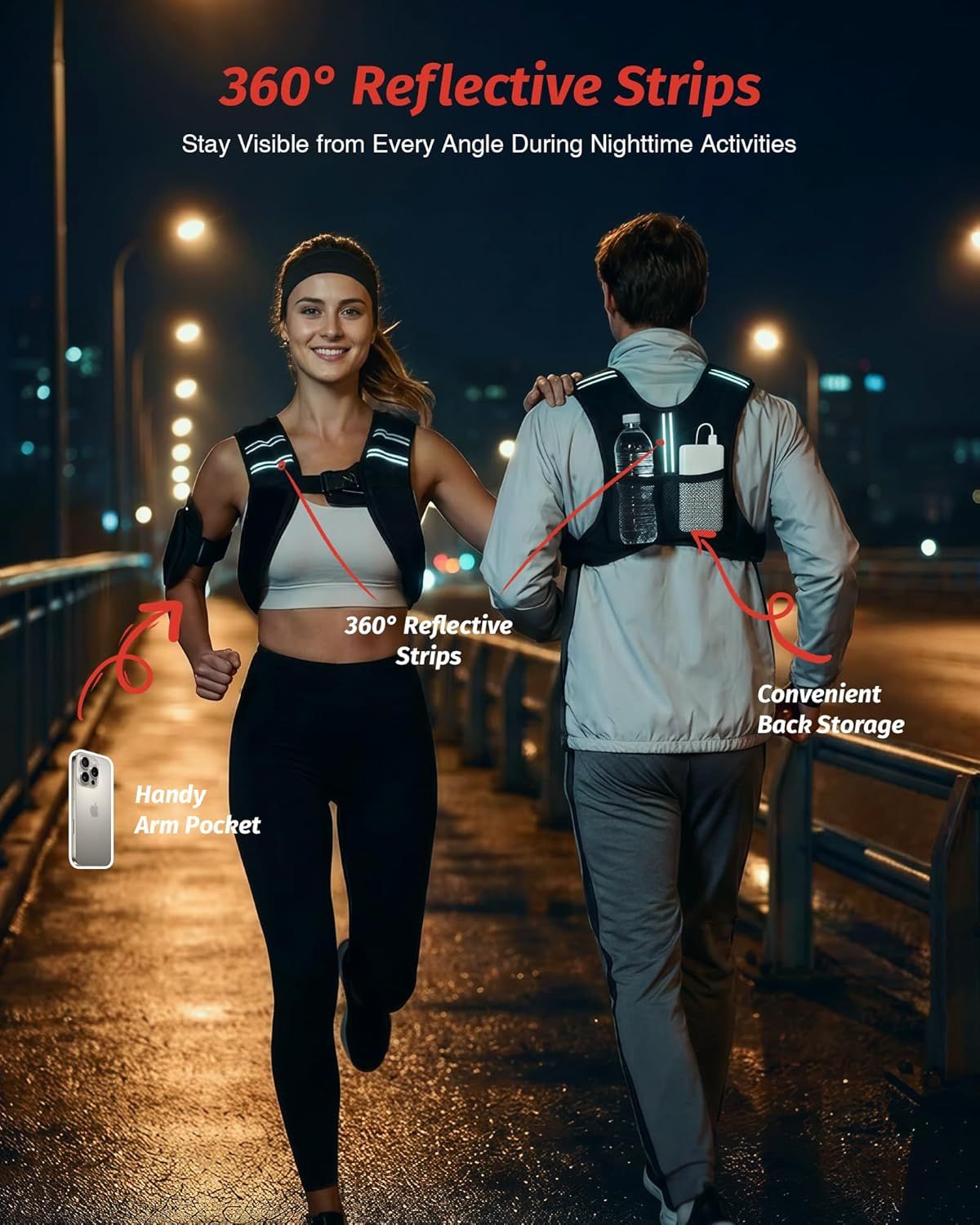 Highlights the key physical components and storage features of the running vest to show shoppers what the product includes and how it's designed for nighttime safety and convenience. Communicates…