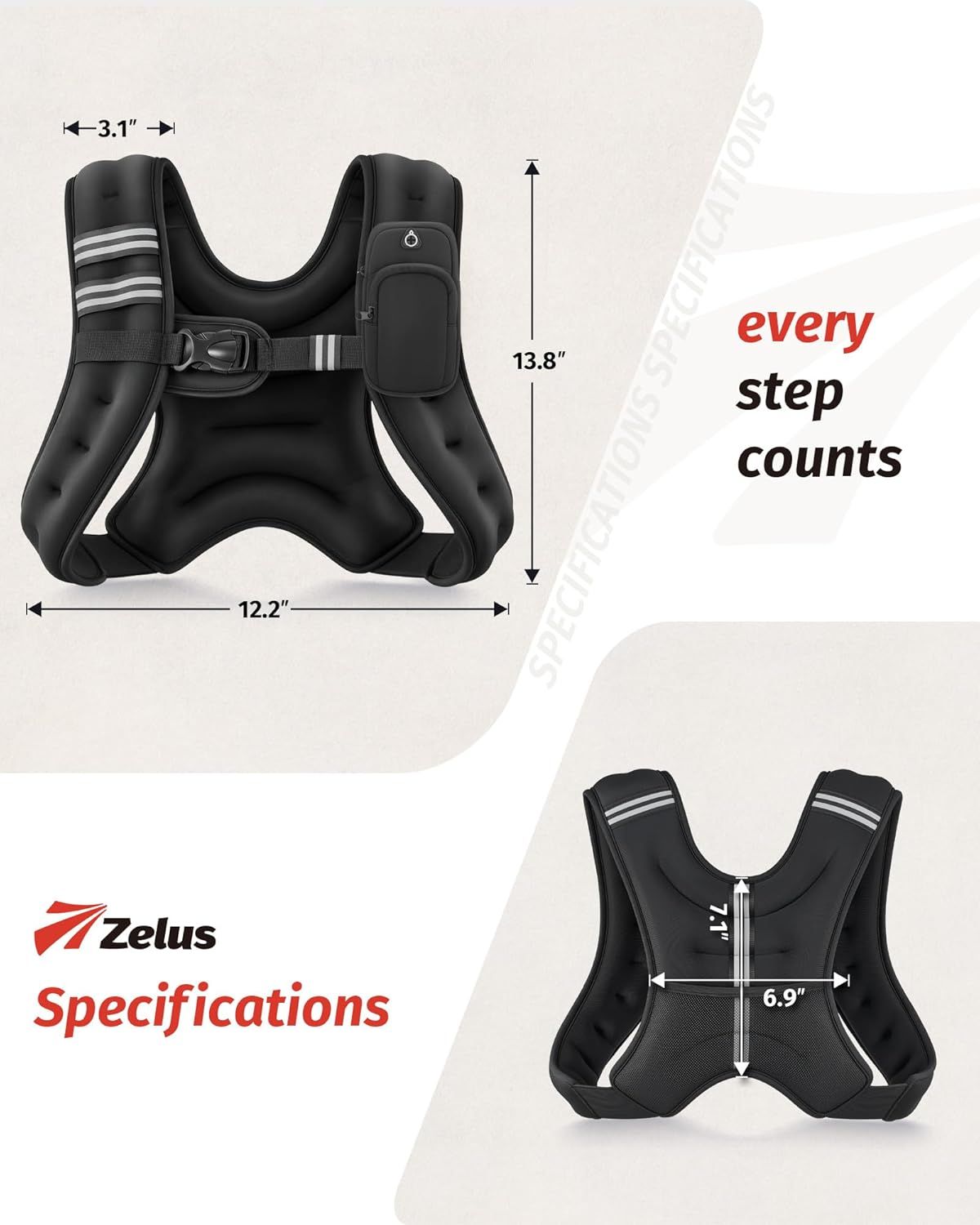 Provides exact measurements of the weighted vest (12.2" width, 13.8" height, 3.1" and 6.9" depth) to help shoppers understand the physical size and fit of the product.
