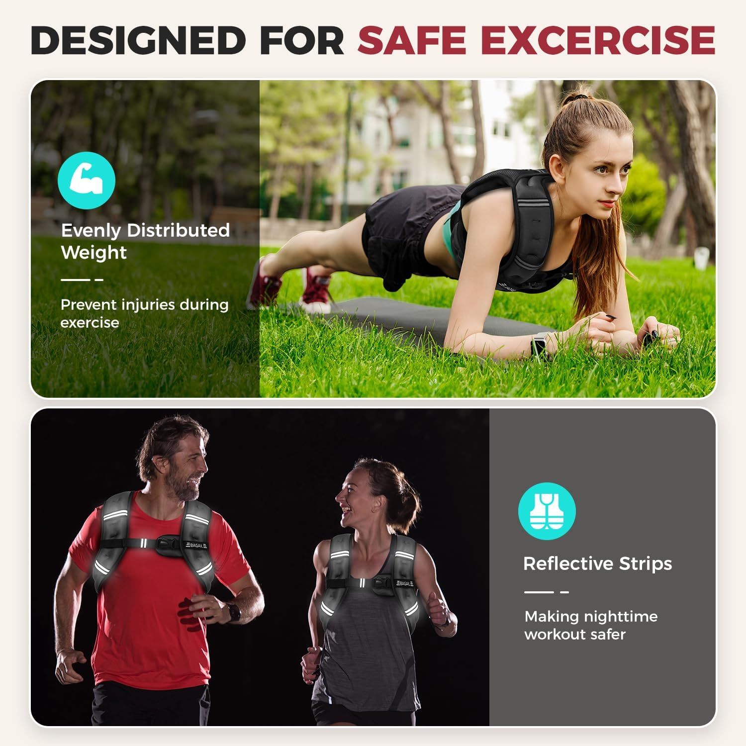 Communicates multiple safety benefits of the weighted vest: evenly distributed weight to prevent injuries during exercise, and reflective strips for safer nighttime workouts. Emphasizes the…