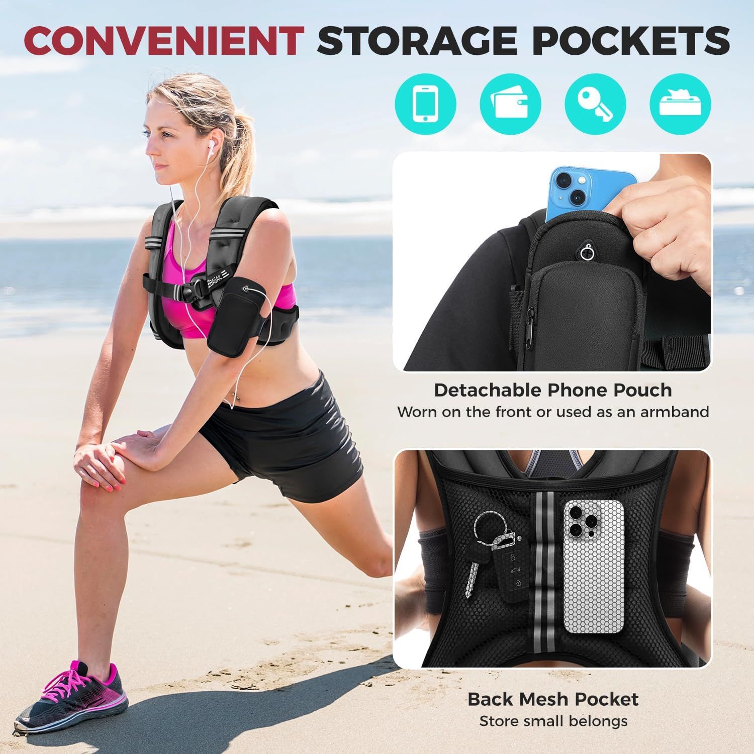 Demonstrates the multiple storage solutions built into the product, highlighting the detachable phone pouch and back mesh pocket to show shoppers how they can organize and access their belongings…