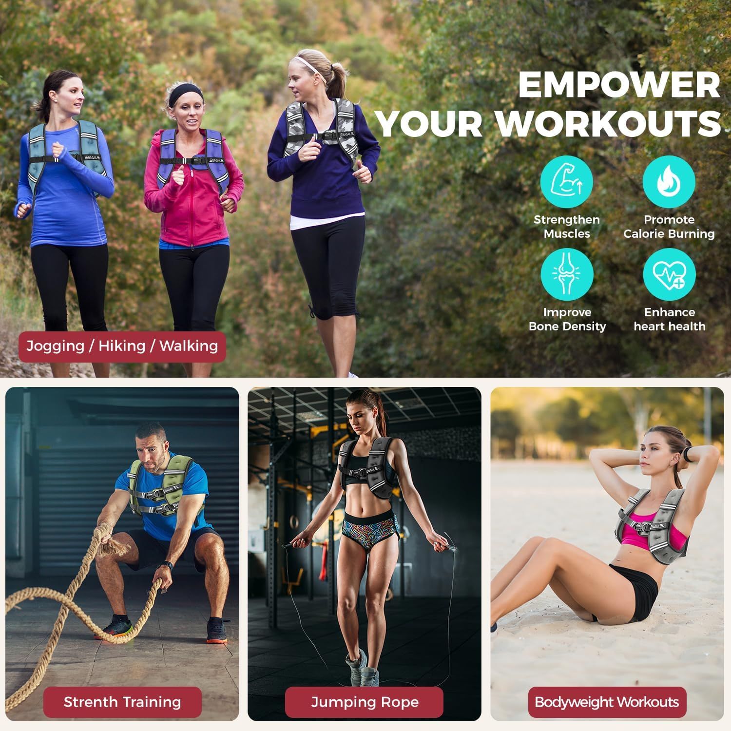 Demonstrates the versatility of the weighted vest product by showing it can be used across multiple different workout types and exercise scenarios, from outdoor cardio to gym-based strength…