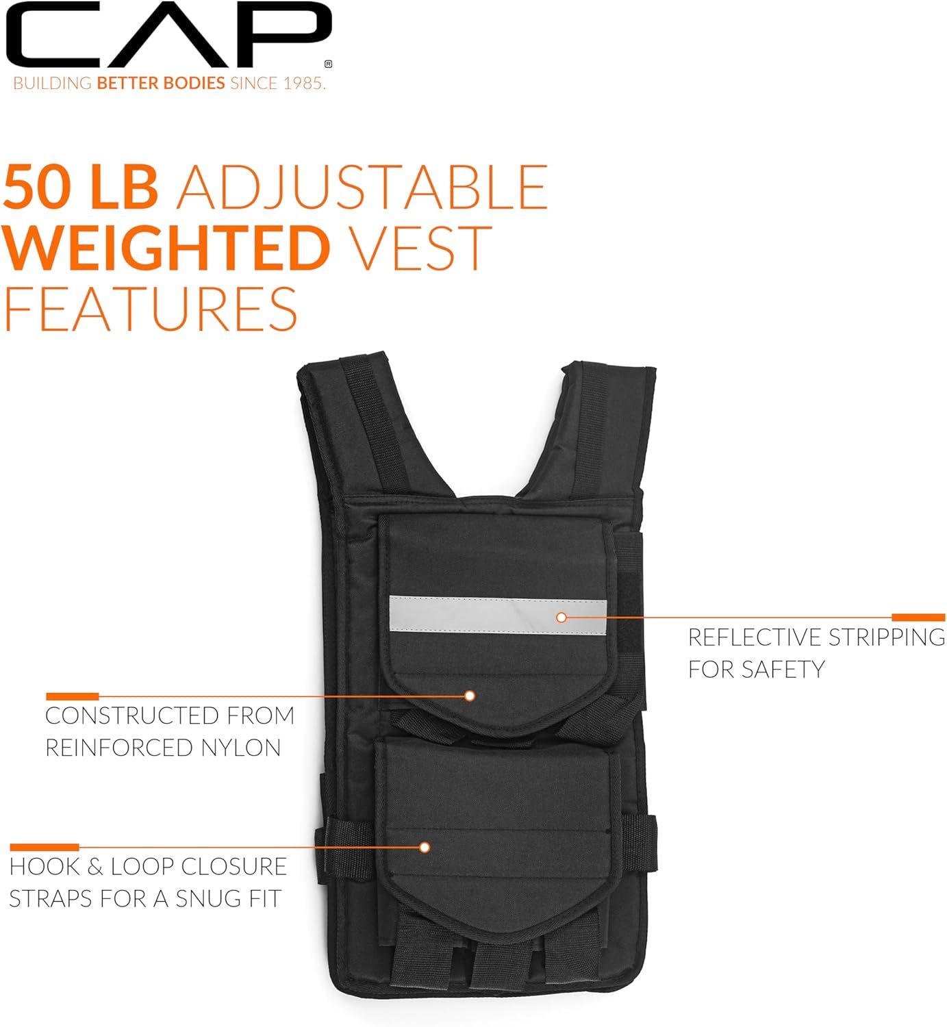 This image breaks down the key structural components and safety features of the weighted vest to help shoppers understand the product's build quality and functional design elements.