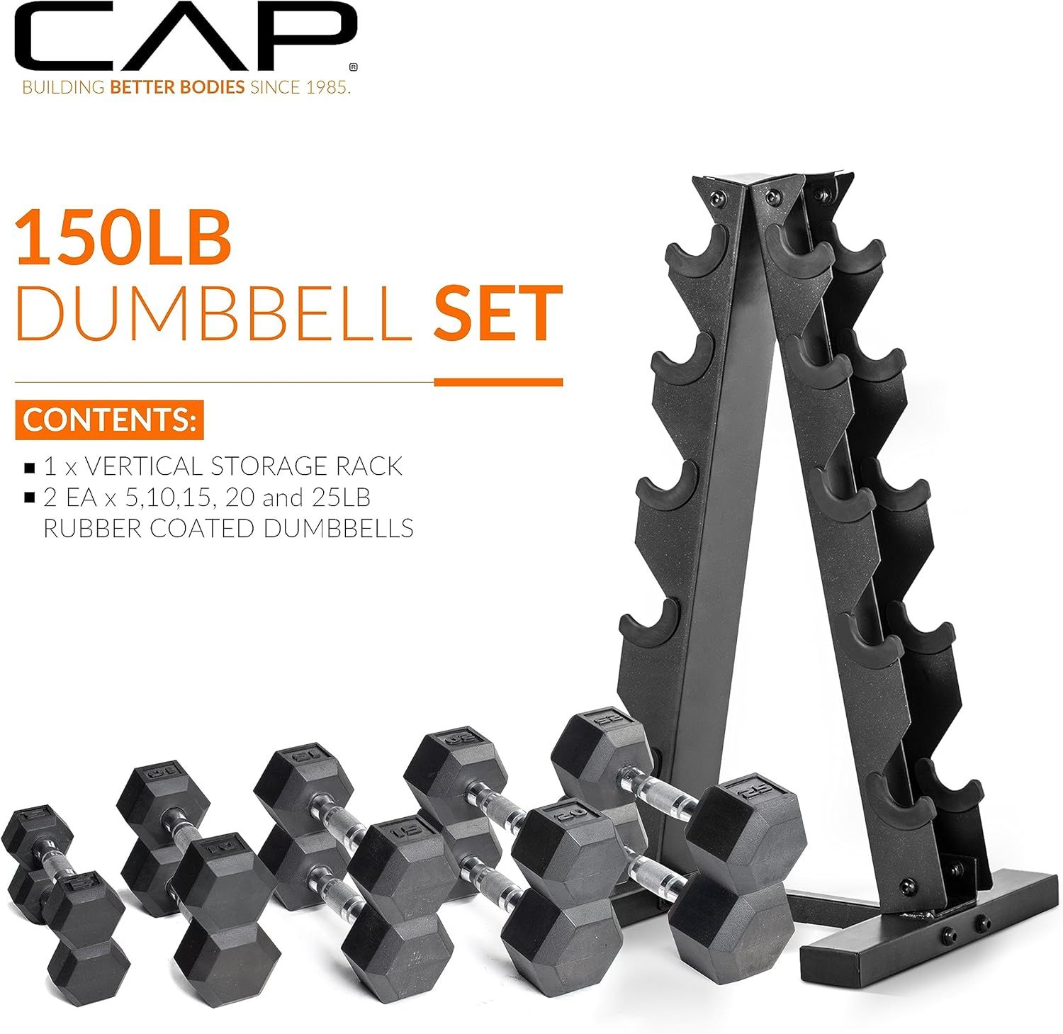 Shows the customer everything included in the purchase: a vertical storage rack and a complete set of rubber-coated dumbbells in multiple weights (5, 10, 15, 20, and 25 lbs), reassuring them of the…