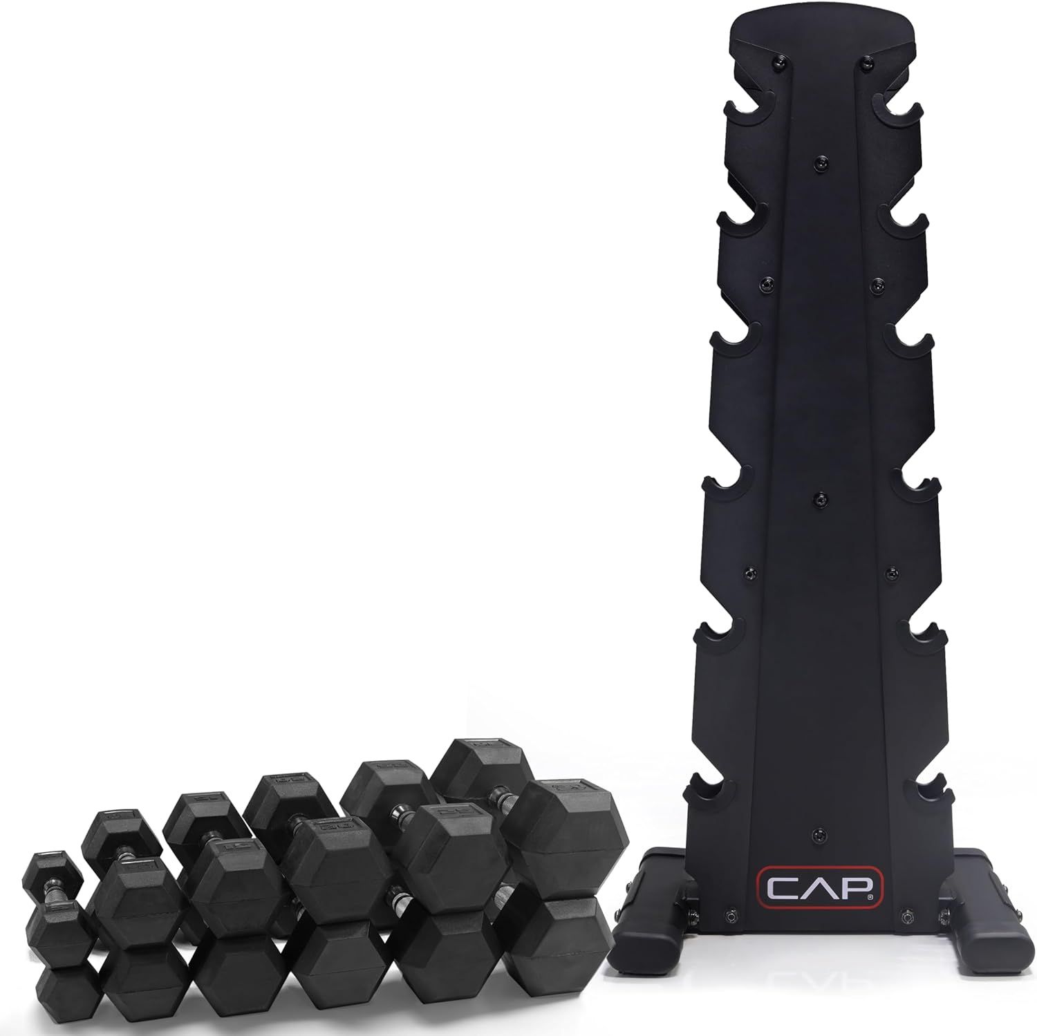 Shows the customer everything included in the purchase: a complete set of hex dumbbells and a vertical storage rack, demonstrating the value and completeness of the bundle.