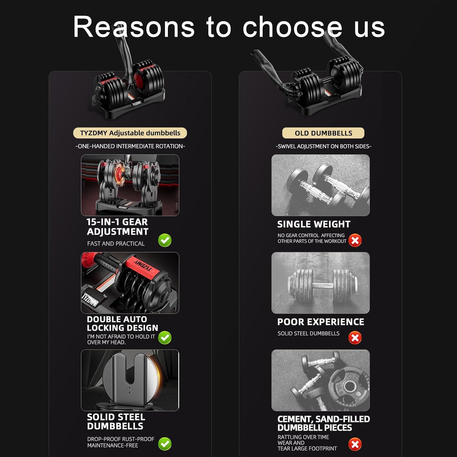 This image compares the brand's adjustable dumbbells against traditional old dumbbells, highlighting multiple superiority features including ease of adjustment, gear control, locking mechanism, and…
