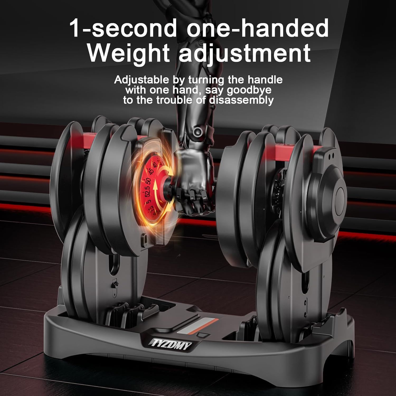 Highlights the product's convenient one-handed, one-second weight adjustment feature to communicate ease of use and eliminate the hassle of disassembly during workouts.