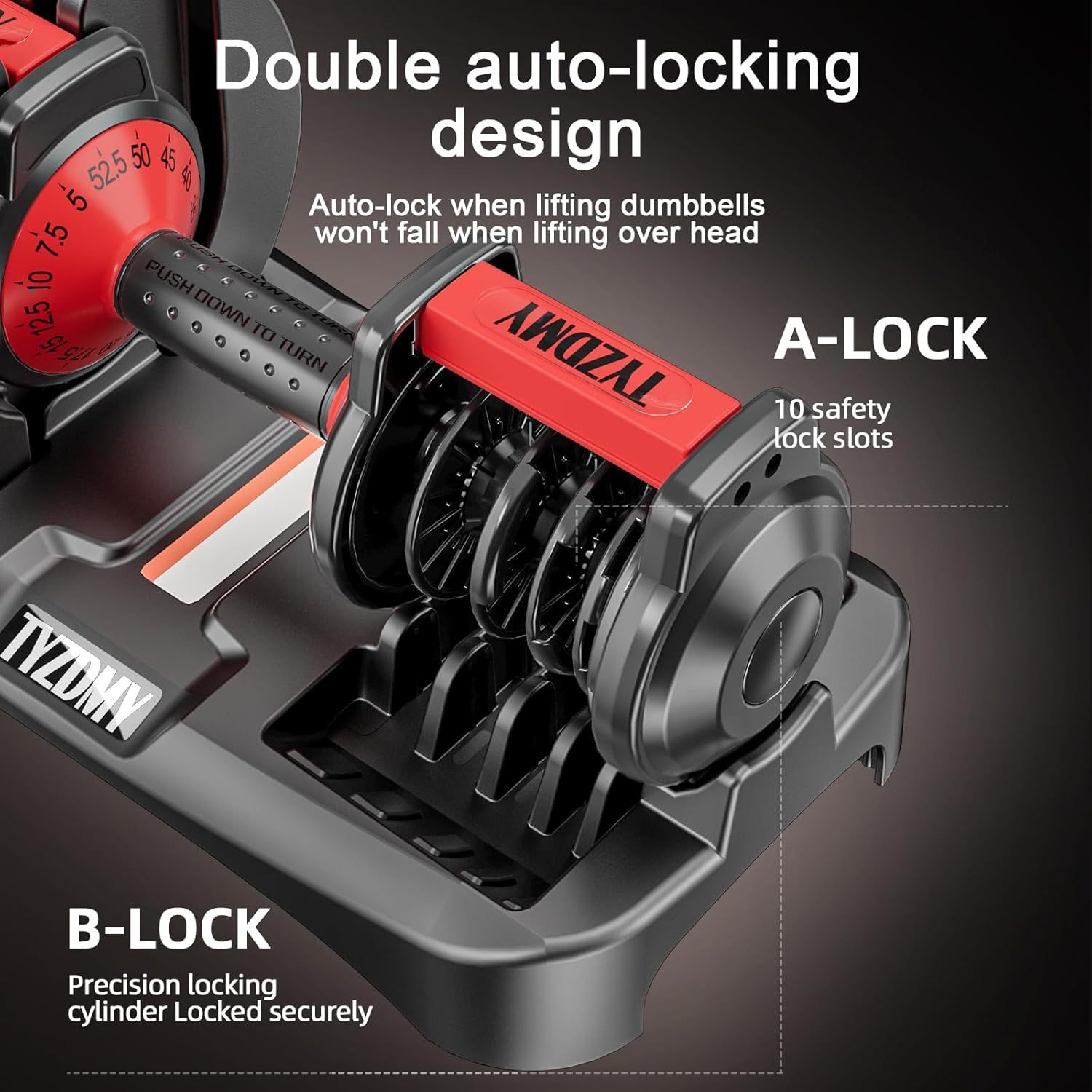 This image breaks down the internal locking mechanism of the adjustable dumbbell, highlighting the dual safety lock system (A-Lock and B-Lock) to reassure shoppers that the weights are secure during…