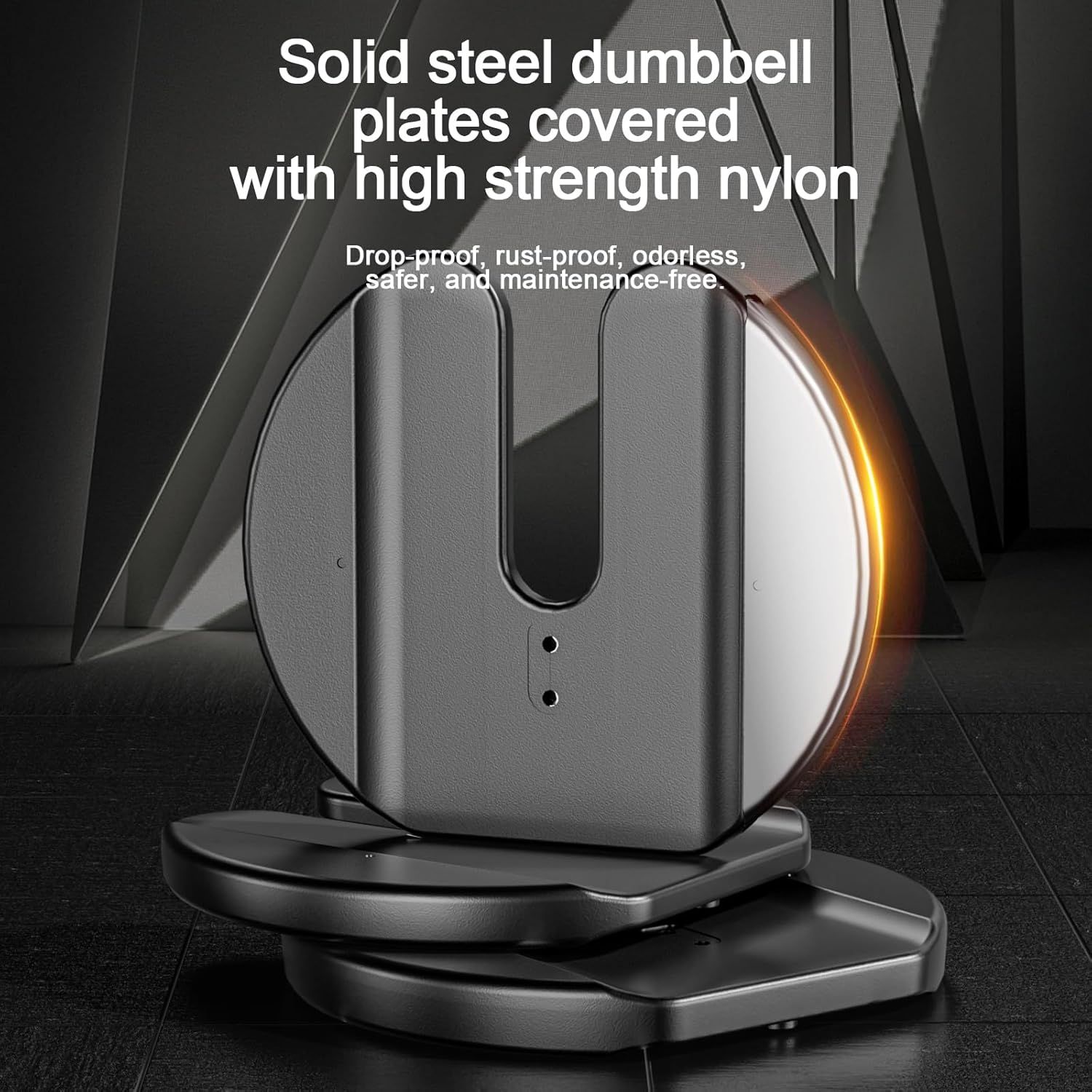 Highlights the internal construction and material composition of the dumbbell, emphasizing the solid steel plates covered with high-strength nylon to communicate durability, safety, and quality.…