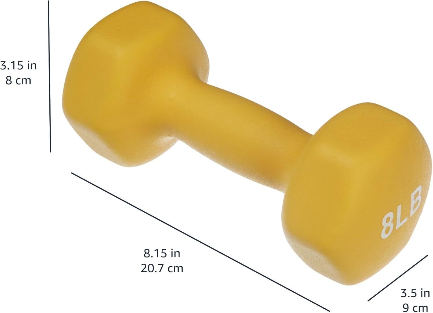 Communicates the exact physical size of the dumbbell (3.15 x 8.15 x 3.5 inches / 8 x 20.7 x 9 cm) to help shoppers understand if it fits their space and workout needs.