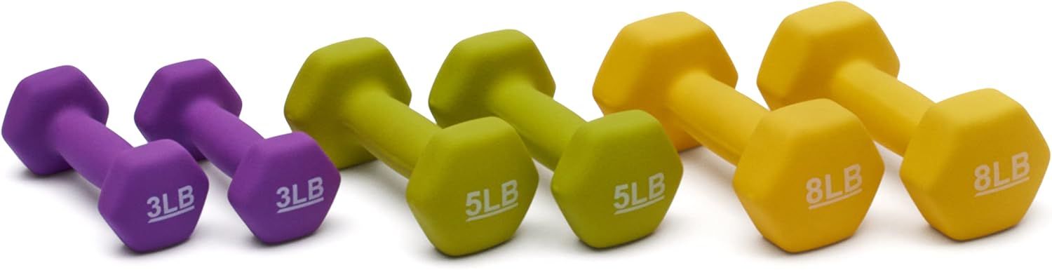Displays the brand's product lineup showing three different weight options (3LB, 5LB, 8LB) to help shoppers choose the right dumbbell weight for their fitness needs.