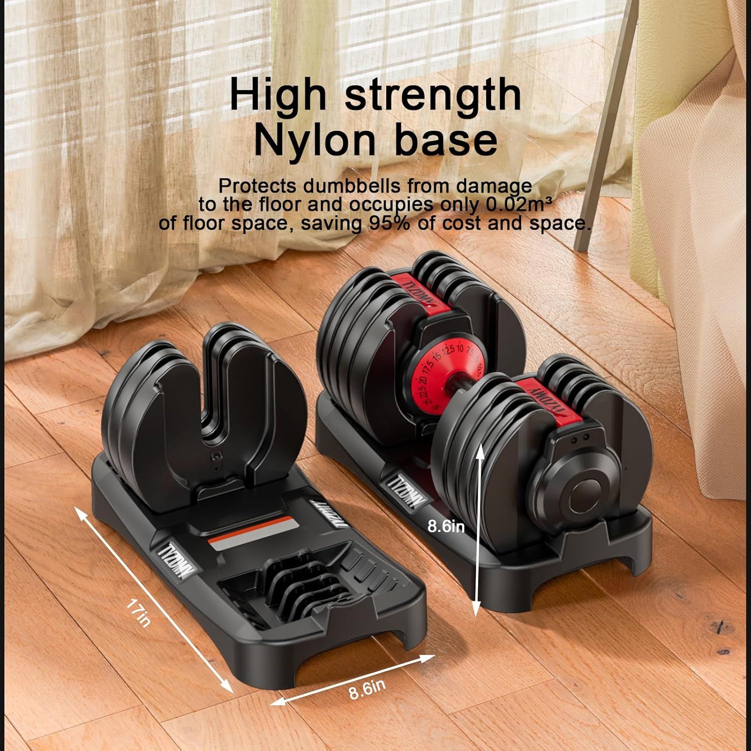 Demonstrates the product's compact dimensions (17in x 8.6in x 8.6in) to reassure shoppers that it occupies minimal floor space while protecting floors from damage. Highlights the durable nylon base…