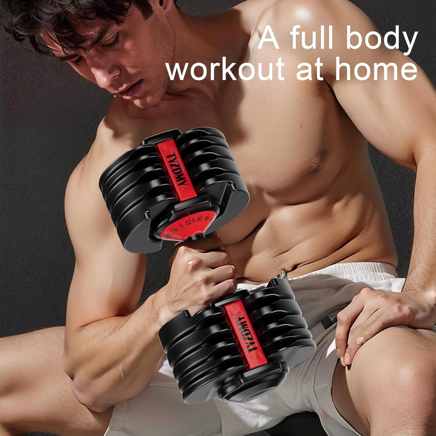 Communicates that the adjustable dumbbells enable a complete full-body workout from home, appealing to shoppers seeking convenient at-home fitness solutions.