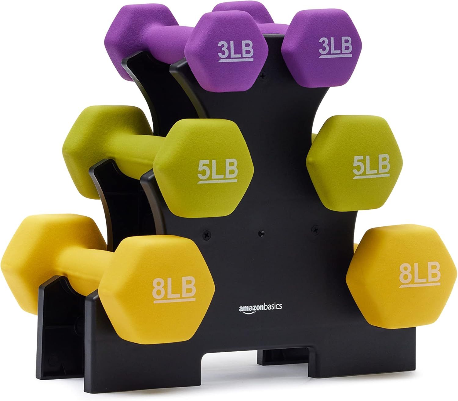 Shows the customer everything included in the purchase: three pairs of dumbbells in different weights (3LB, 5LB, 8LB) and an organized storage rack, demonstrating the completeness and value of the…
