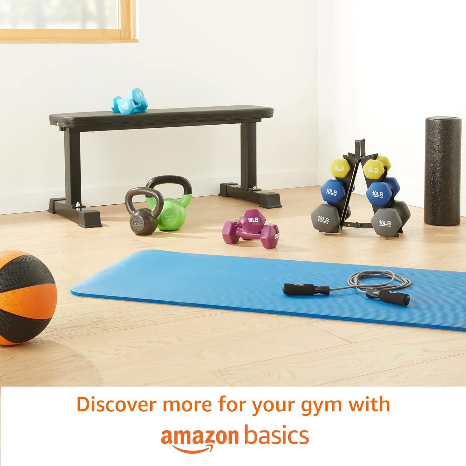 Promotes the Amazon Basics brand and encourages shoppers to explore more fitness and gym equipment options from the brand's product portfolio.