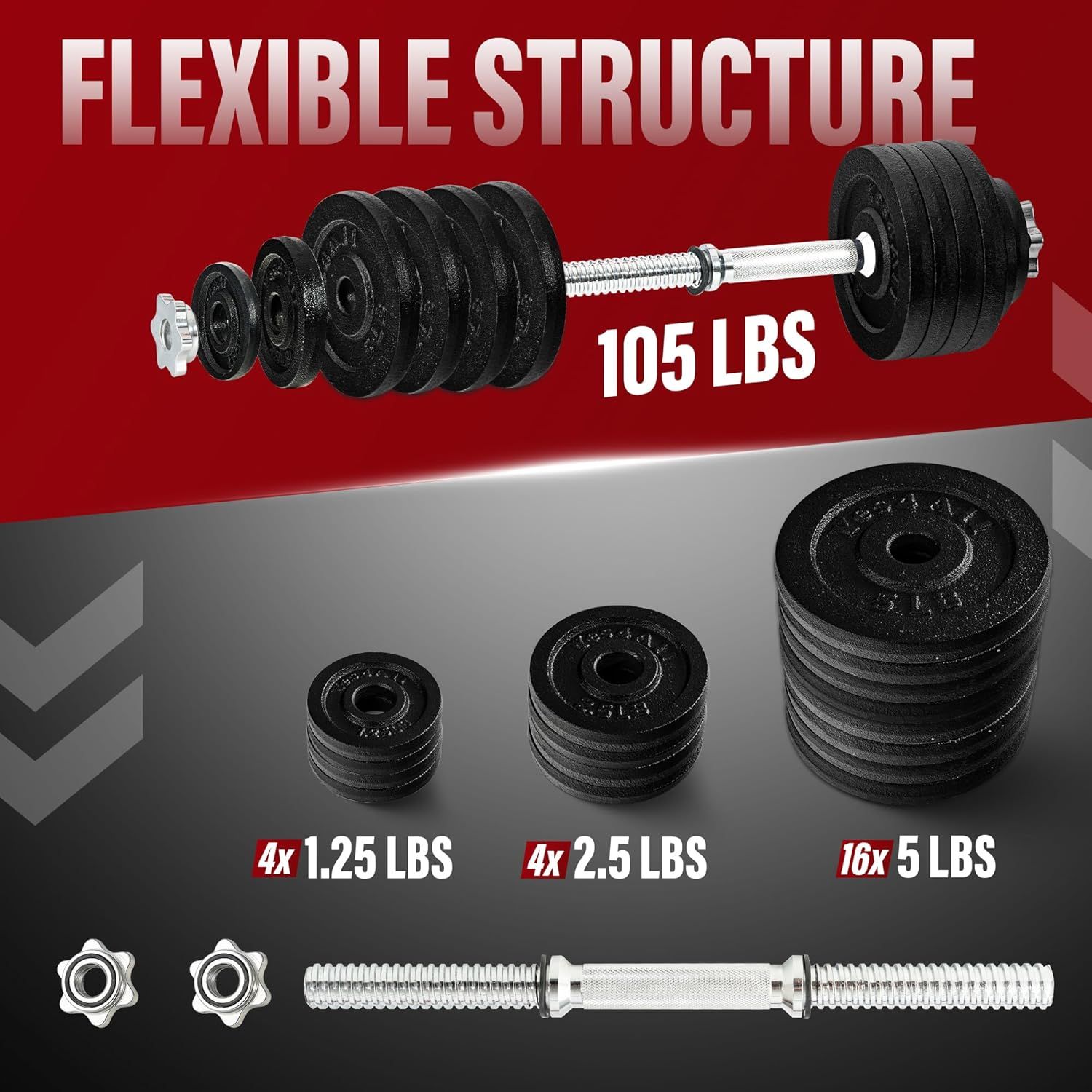 Shows the customer everything included in the 105 LBS dumbbell set, breaking down the individual weight plates (4x 1.25 LBS, 4x 2.5 LBS, 16x 5 LBS) and hardware components to demonstrate the…