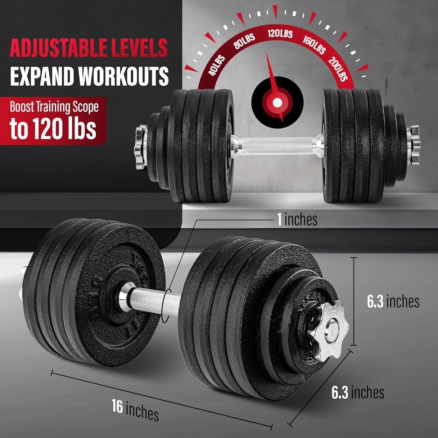 Communicates the product's adjustable weight range from 40 lbs to 120 lbs, emphasizing its capacity to expand workouts and boost training scope for various fitness levels. Shows the exact physical…