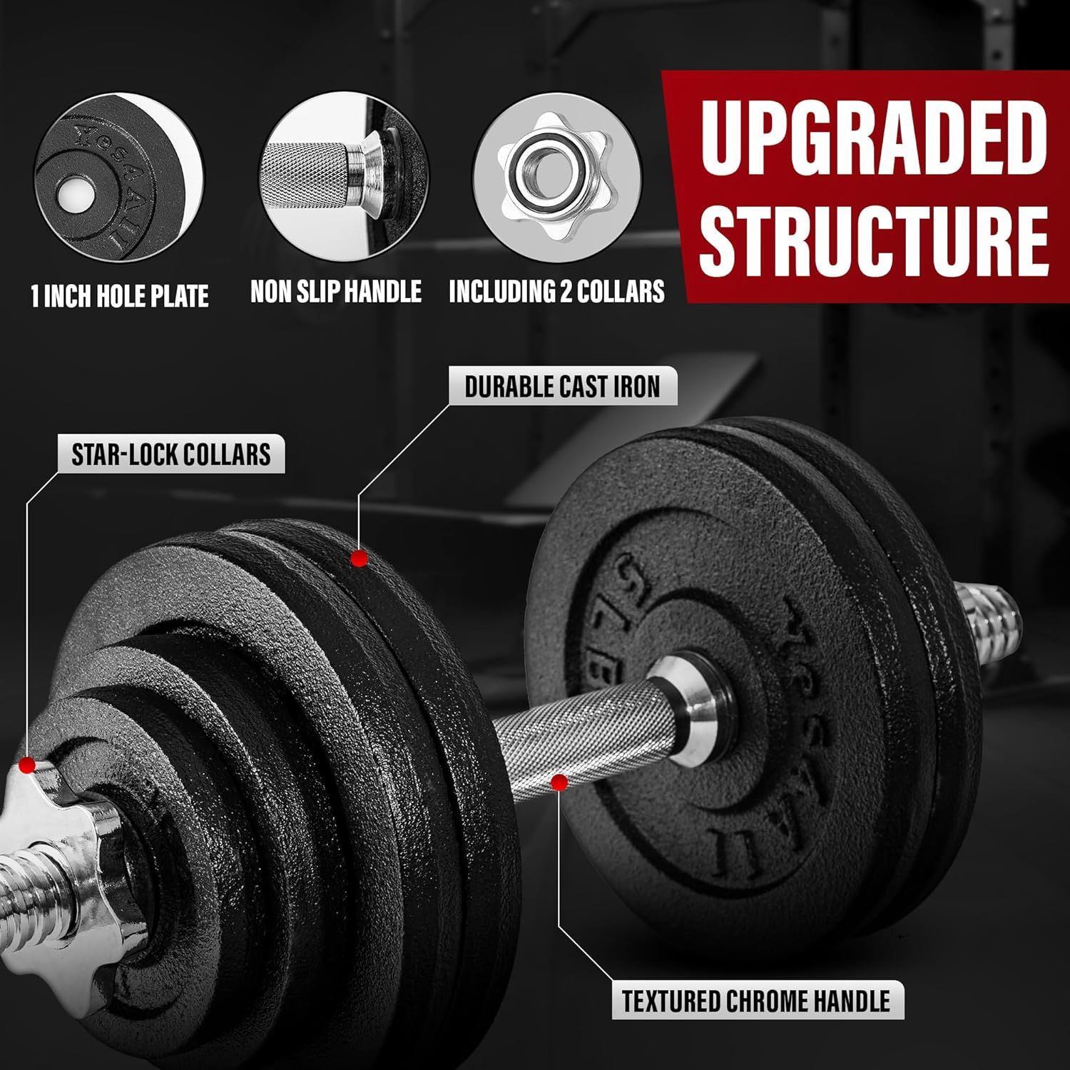 This image breaks down the physical components and structural features of the dumbbell to show shoppers the quality construction and upgraded design elements that make up the product.