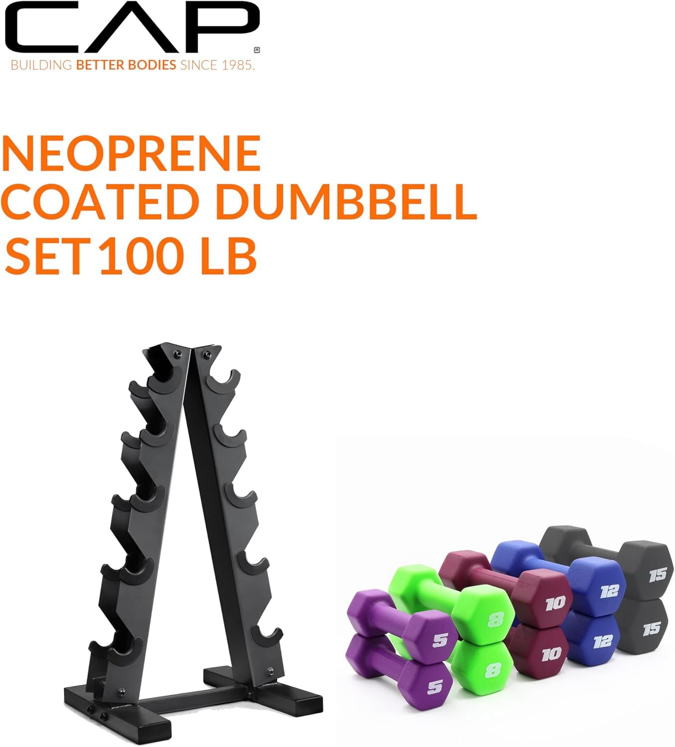 Shows the customer everything included in the purchase: a complete 100 lb neoprene-coated dumbbell set with a storage rack, demonstrating the full value of the bundle.