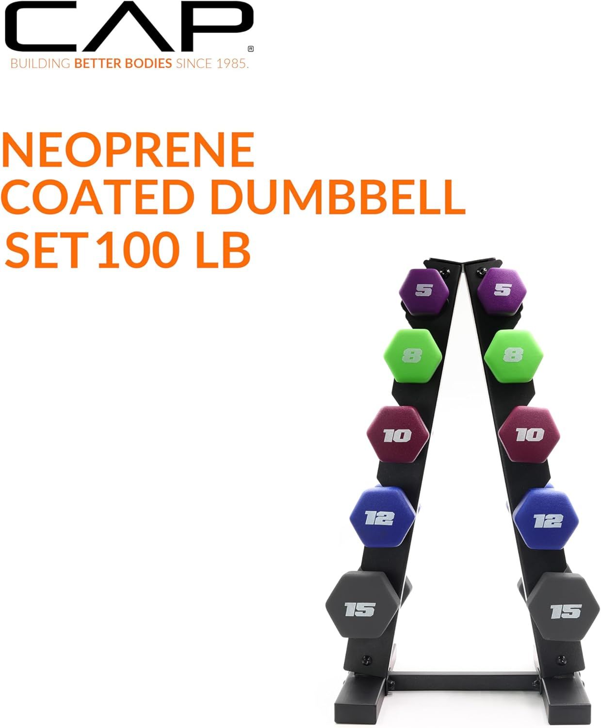 Shows the complete 100 lb neoprene coated dumbbell set with all included weights (5, 8, 10, 12, 15 lbs) and storage rack to demonstrate what the customer receives.