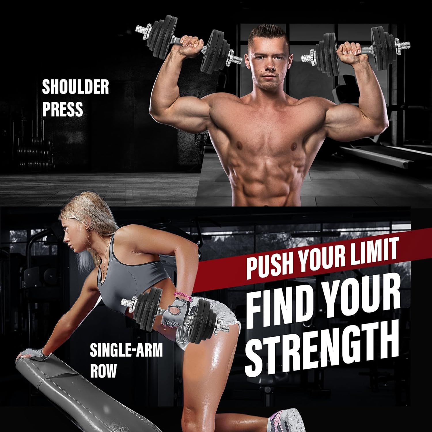 Demonstrates two specific exercises (shoulder press and single-arm row) that can be performed with the product, showing shoppers how to use the dumbbells for targeted strength training. Shows…
