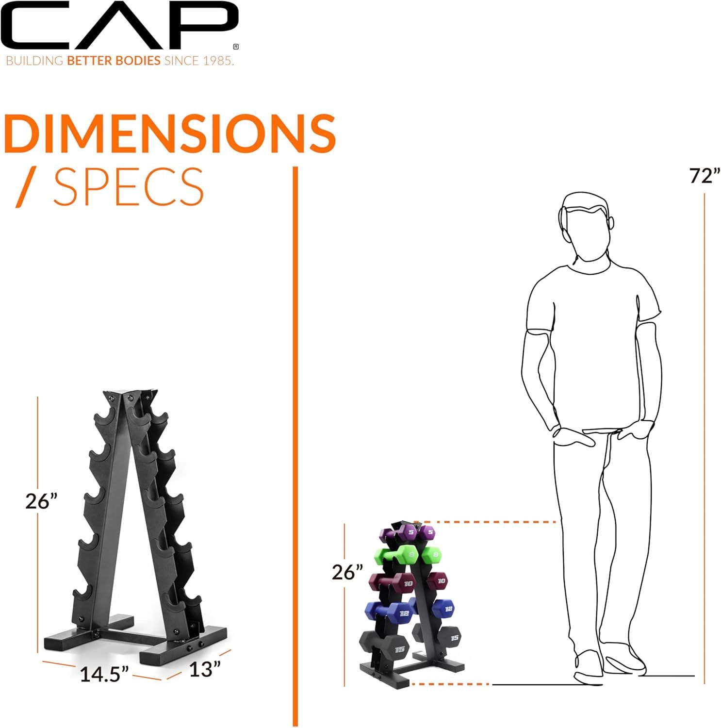 Communicates the exact physical dimensions of the product (26" x 14.5" x 13") and provides a human figure for scale reference to help shoppers understand the size and footprint of the dumbbell rack.