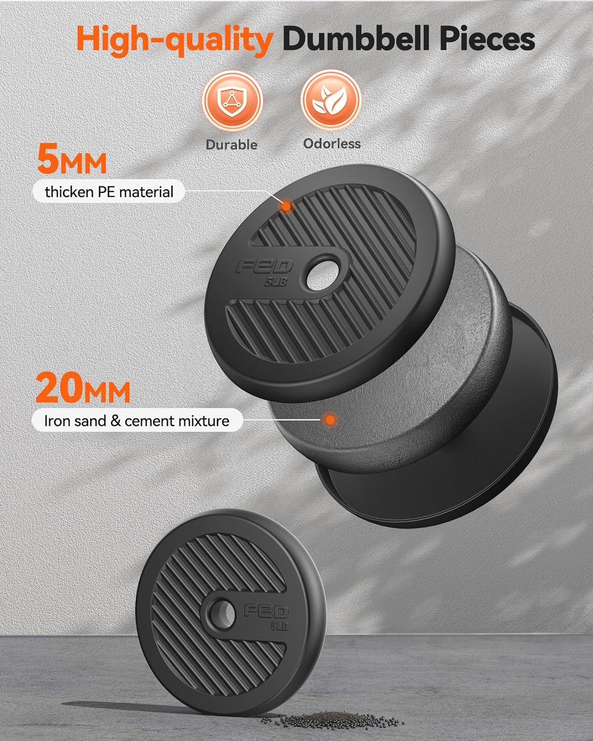 This image breaks down the physical construction of the dumbbell pieces, highlighting the layered materials (5mm PE outer coating and 20mm iron sand & cement core) to reassure shoppers about the…