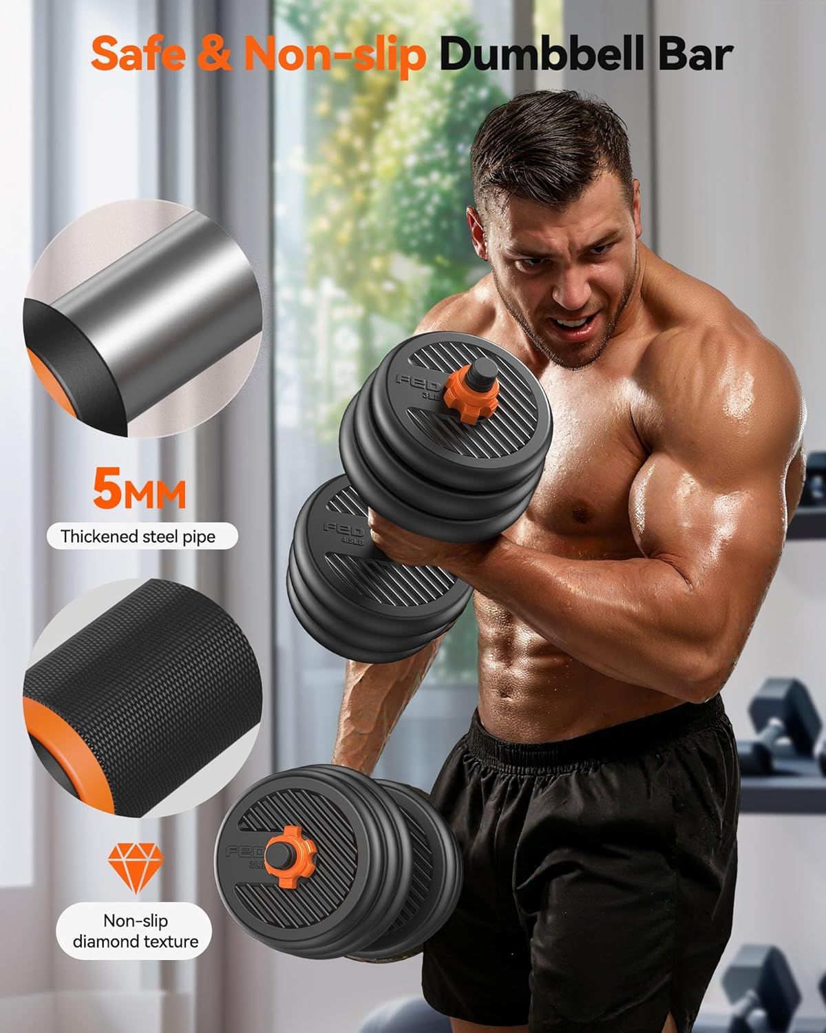 Highlights multiple safety and durability features of the dumbbell bar through visually segmented callouts, reassuring shoppers of quality construction and secure grip during workouts.