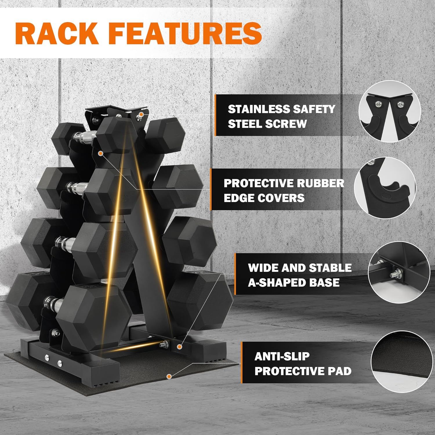 This image breaks down the physical components and structural features of the dumbbell rack to help shoppers understand its construction quality, safety features, and stability design.