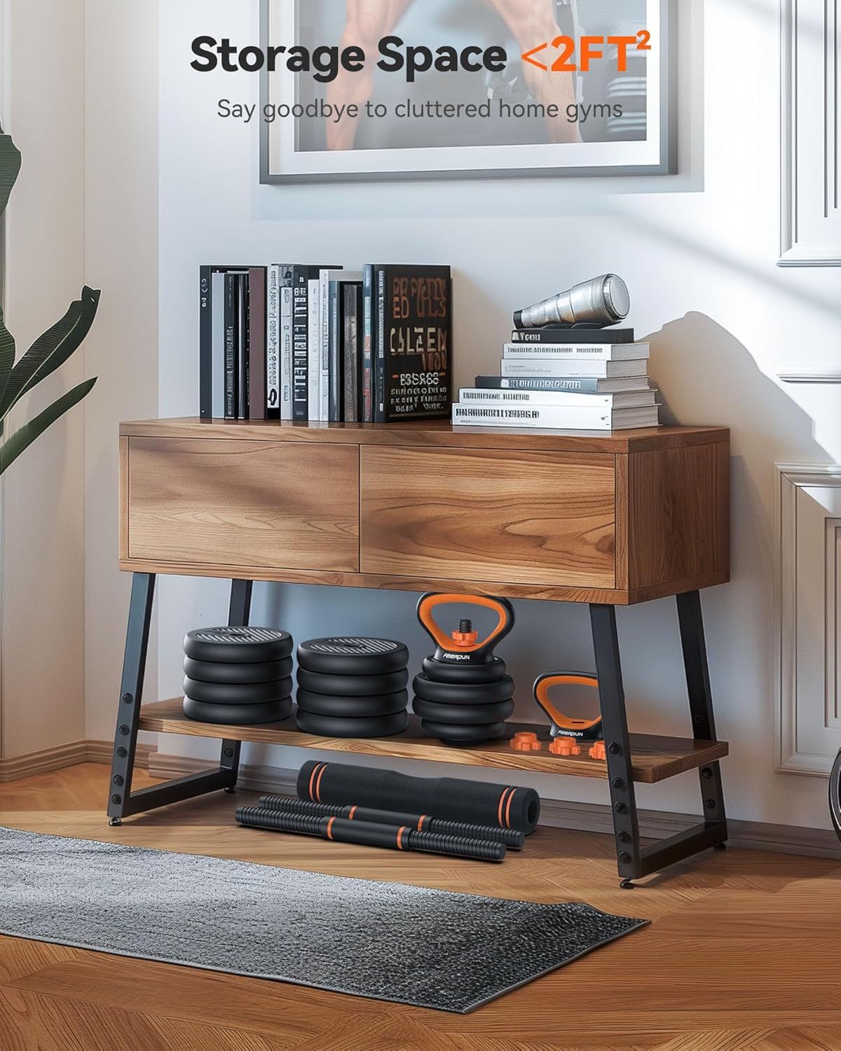 Communicates that the product requires less than 2 square feet of storage space, reassuring shoppers that it won't clutter their home gym and fits easily into small spaces. Highlights the product's…