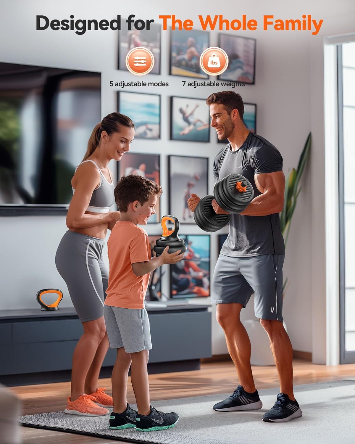 Communicates that the product is versatile and suitable for all family members by highlighting multiple adjustable features (5 modes and 7 weight options) in a visually segmented layout.