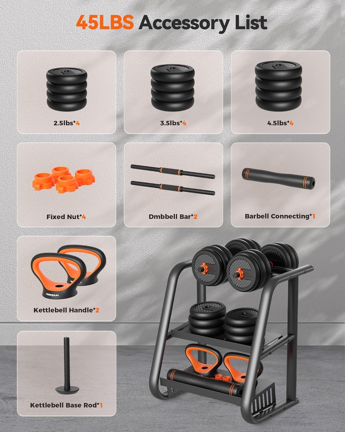Shows all the accessories and components included with the 45LBS weight set, helping shoppers understand the complete package they will receive and how the pieces work together.