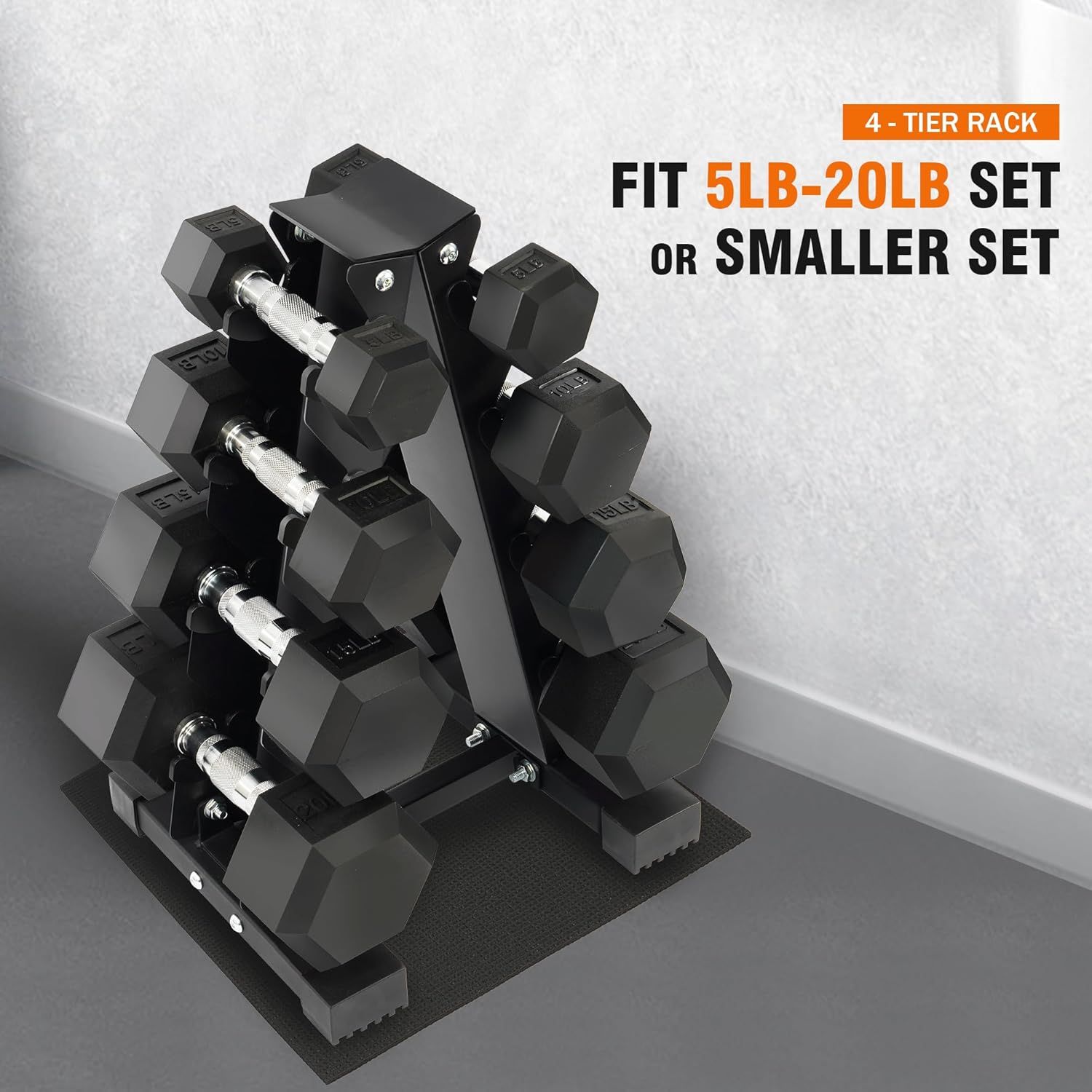 Communicates that the 4-tier rack is compatible with and can accommodate dumbbell sets ranging from 5LB-20LB or smaller, reassuring shoppers about versatility and fit.