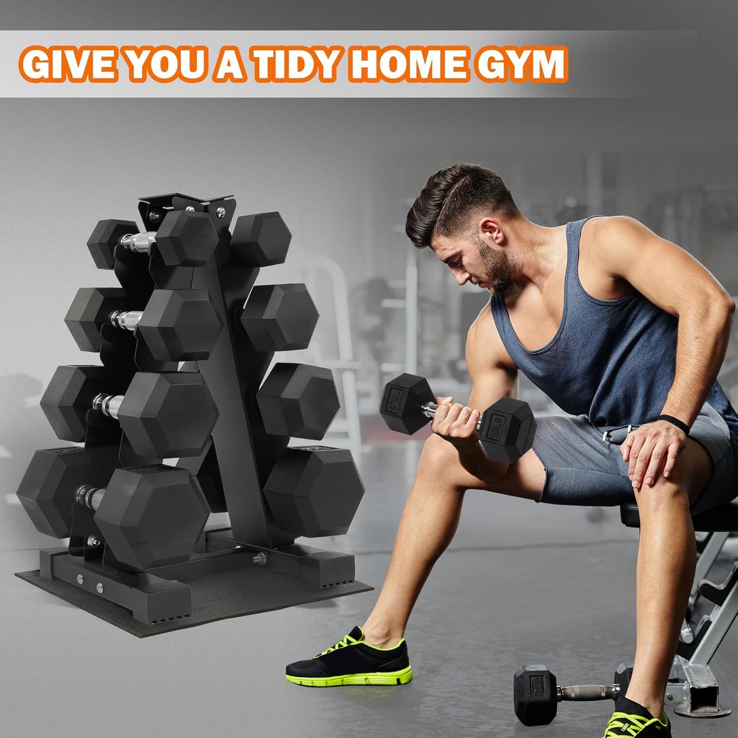 Demonstrates the product in a real-world home gym setting to help shoppers visualize how the dumbbell set fits into their workout routine and home environment.