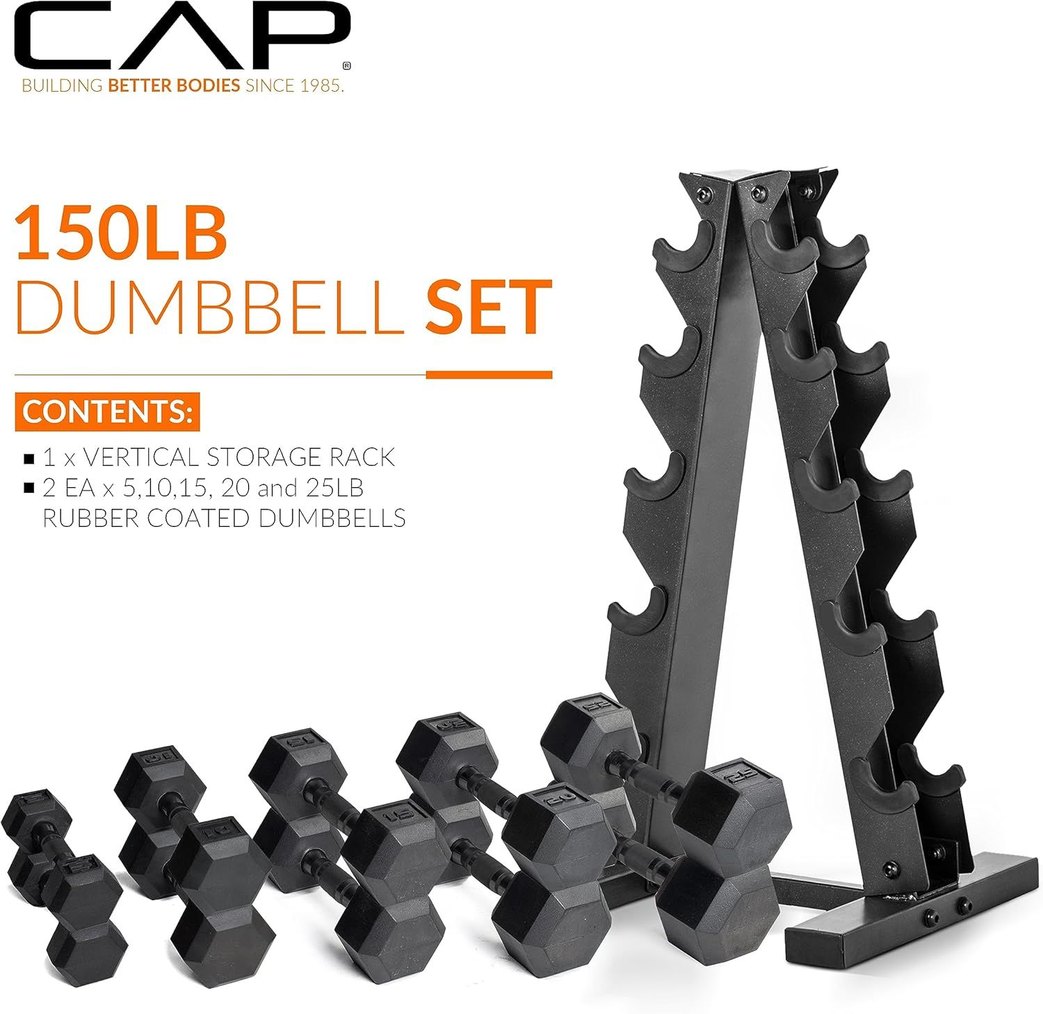 Shows the complete contents of the 150LB dumbbell set, including the vertical storage rack and multiple rubber-coated dumbbells in various weights, to help shoppers understand exactly what they…