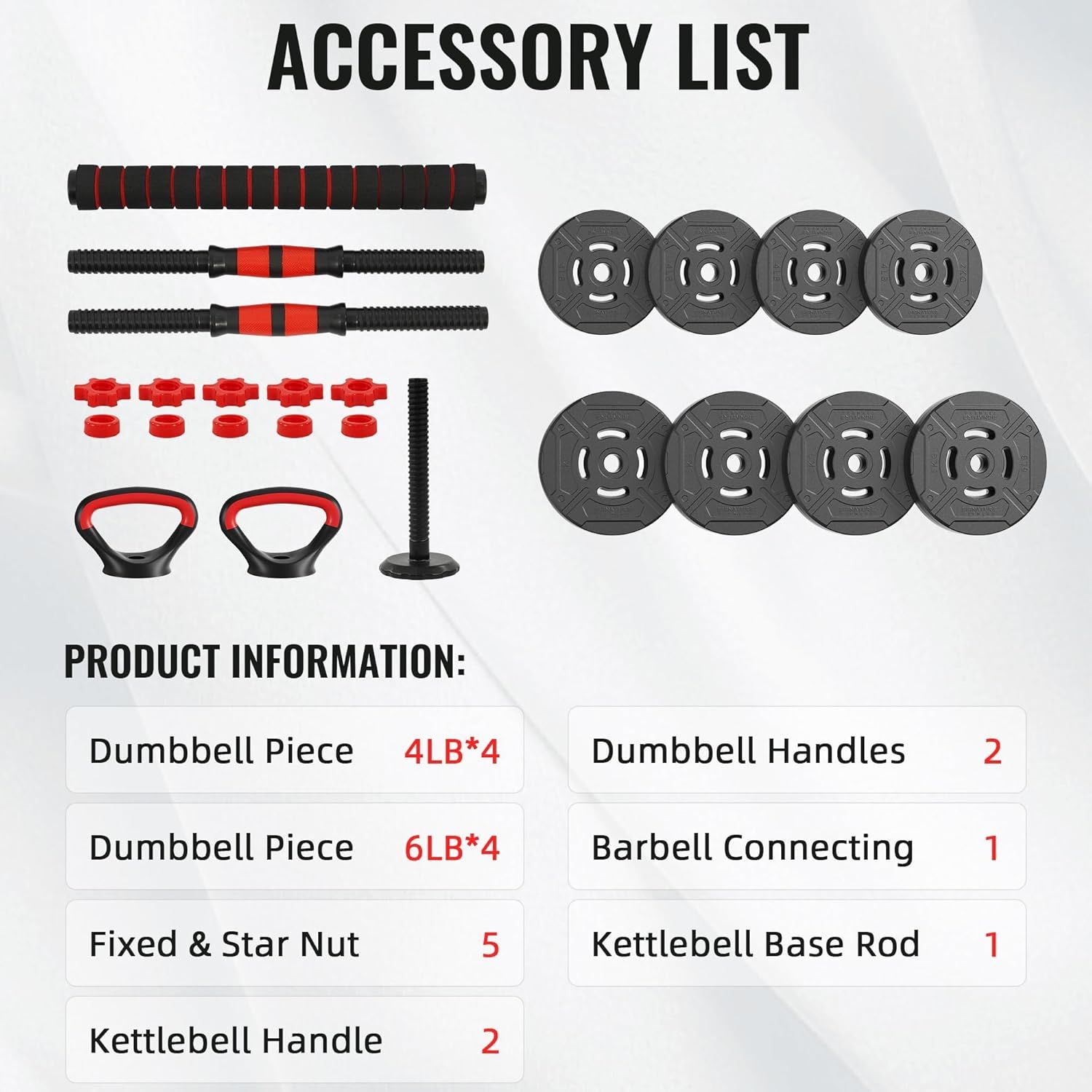 Shows all the components and accessories included with the purchase, helping shoppers understand exactly what they will receive in the package and how the pieces can be assembled into a complete…