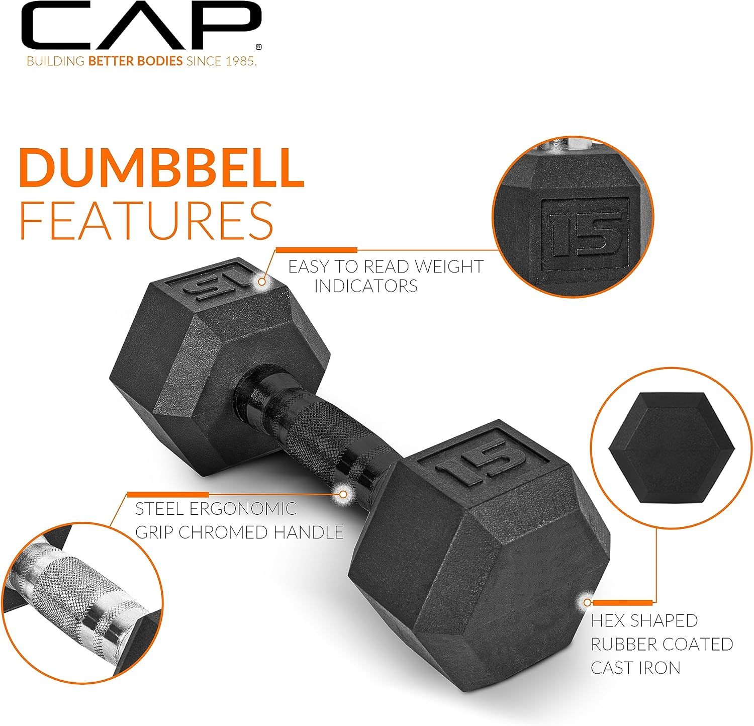 This image breaks down the dumbbell's physical components and construction features to help shoppers understand the quality and design elements that make up the product.