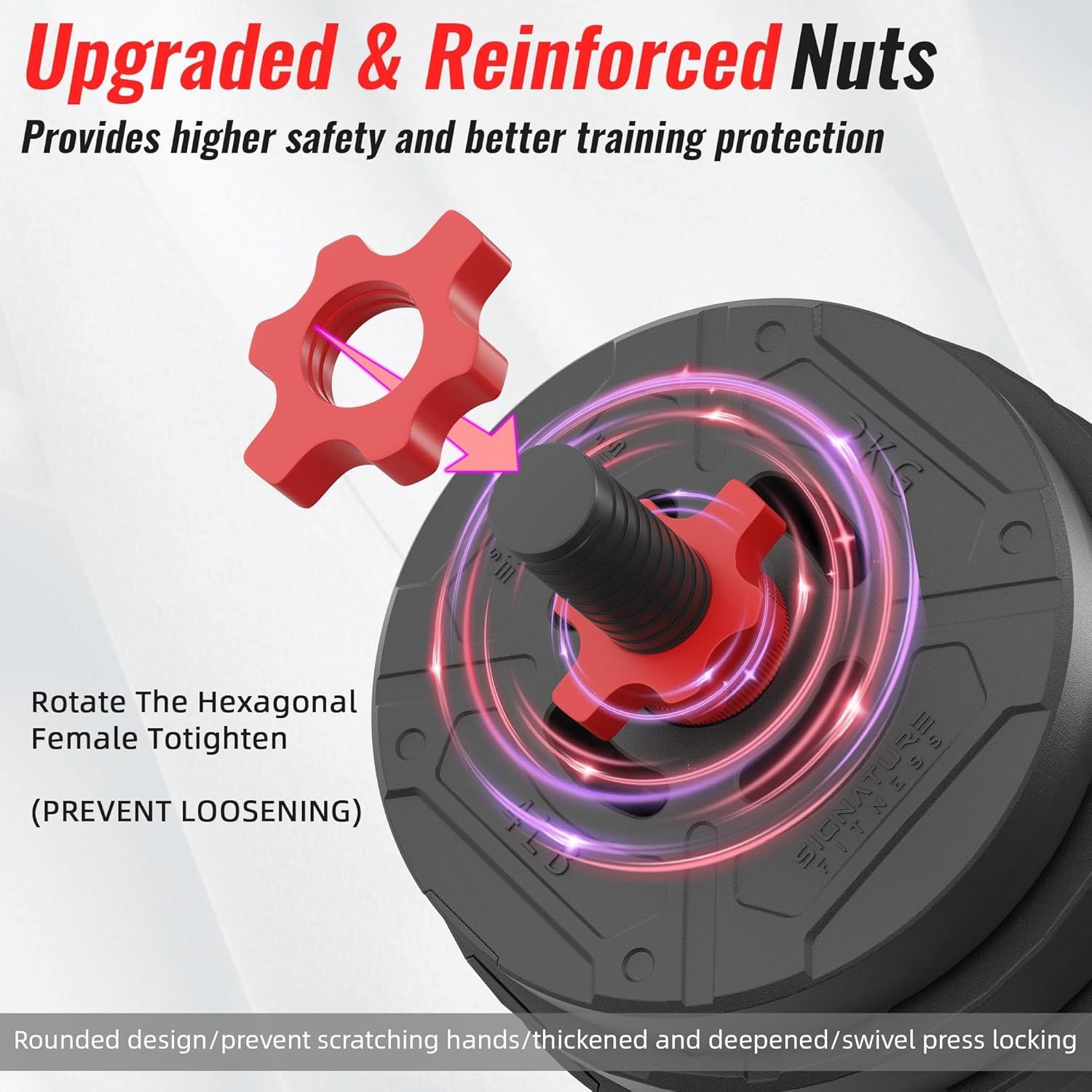 Highlights the upgraded hexagonal nut design and reinforced construction to communicate enhanced safety and training protection through improved tightening and loosening prevention. Communicates the…