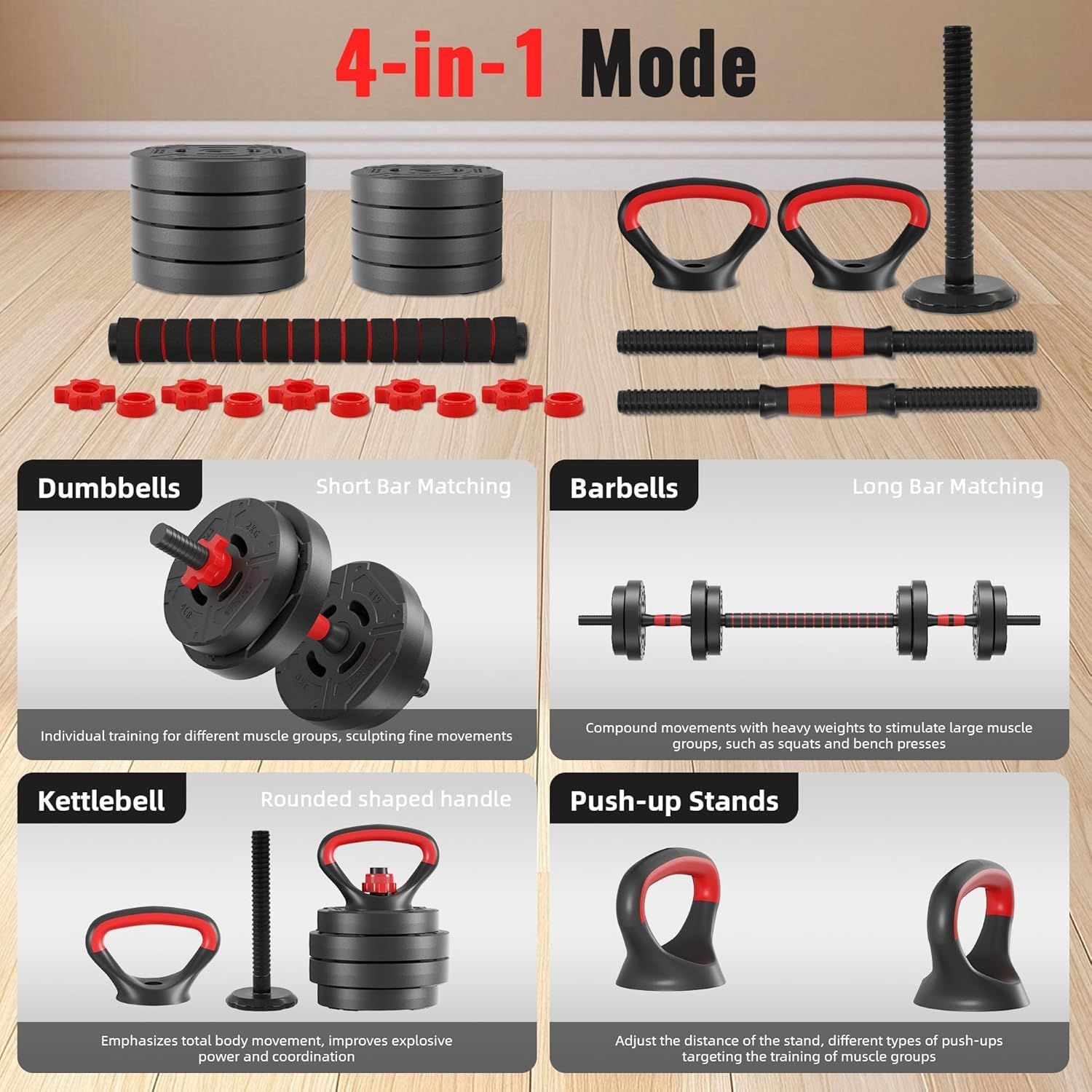 Demonstrates the versatility of the product by showing four different workout configurations and use cases, reassuring shoppers that one product can serve multiple training needs.