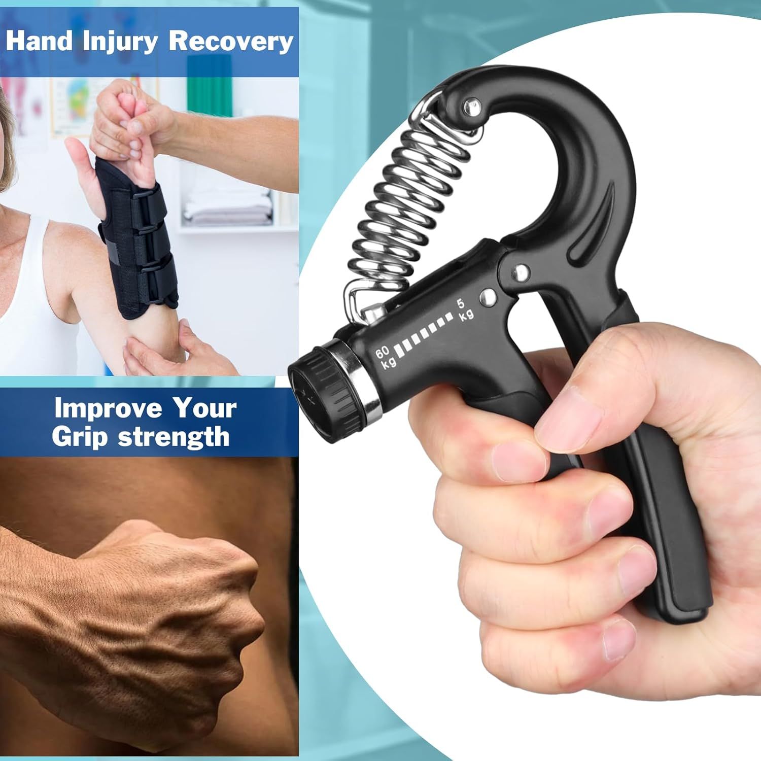 Demonstrates multiple use cases for the hand grip strengthener, showing it's suitable for both injury recovery and general grip strength training. Highlights two distinct benefits in a segmented…